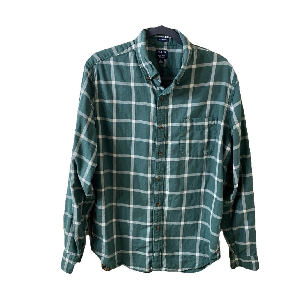 J. Crew Shirt Mens Green/white Classic Fit‎ Size Large Double Weave Cotton